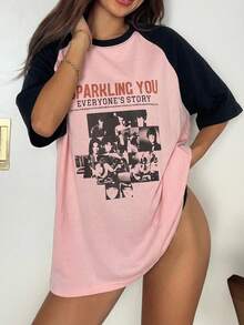 DAZY Figure And Slogan Printed Round Neck Colorblock Raglan Sleeve T-Shirt Graphic Tee - Pink - View 3