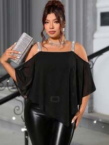 SHEIN Clasi 大码女式黑色薄纱蕾丝肩带露背半透明上衣 黑色优雅上衣 黑色肩带上衣 黑色蕾丝派对上衣 女式薄纱黑色上衣 黑色露肩上衣 - 黑色 - 查看 2