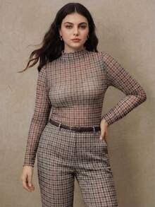 Anewsta 大码时尚复古棕色格子修身轻薄长袖夏季上衣 - 棕色 - 查看 1