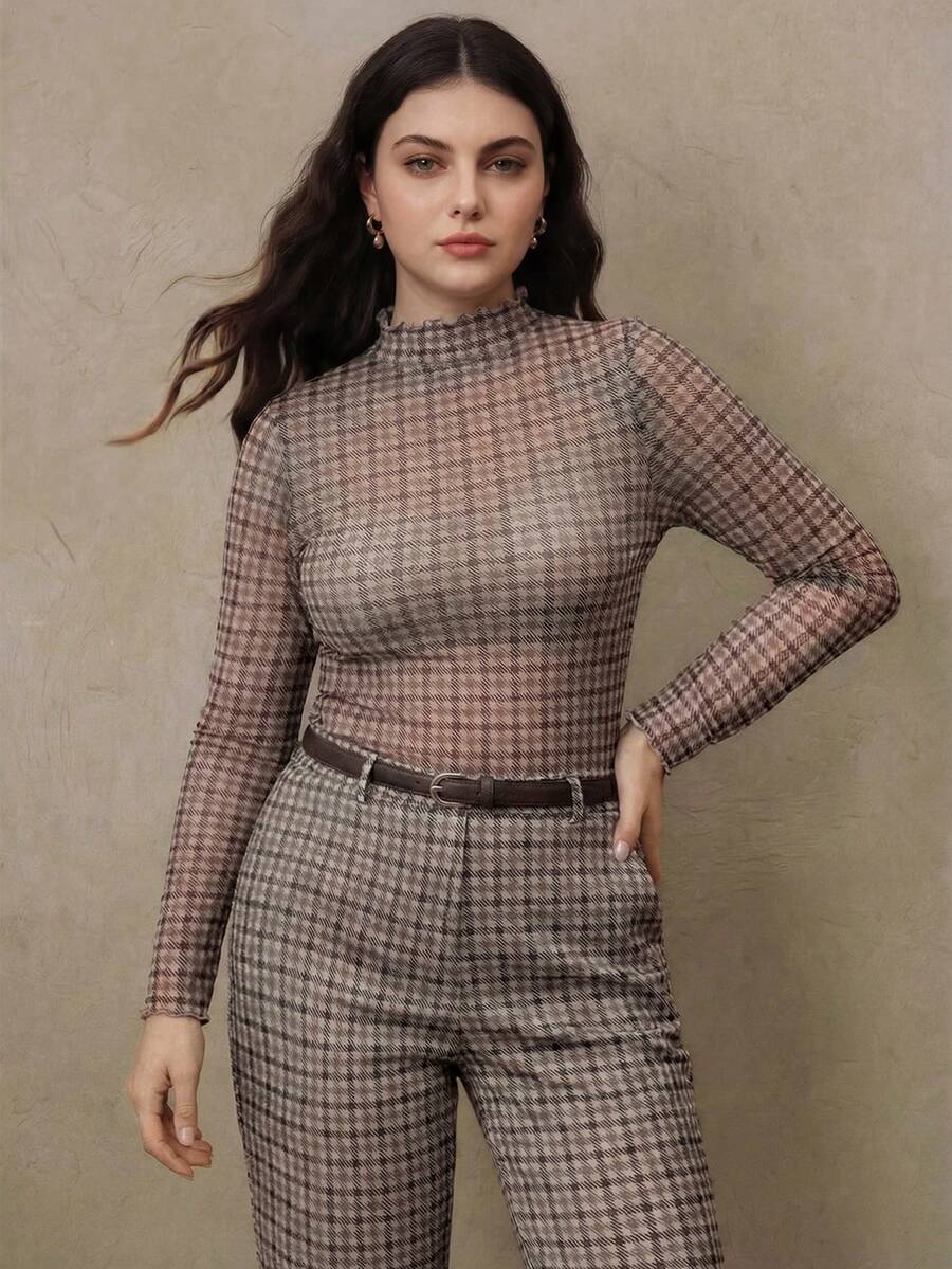 Anewsta 大码时尚复古棕色格子修身轻薄长袖夏季上衣 - 棕色 - 查看 1