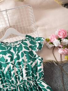 SHEIN 碎花图案短袖收腰连衣裙，适合少女度假、日常休闲穿着 - 綠色 - 查看 7