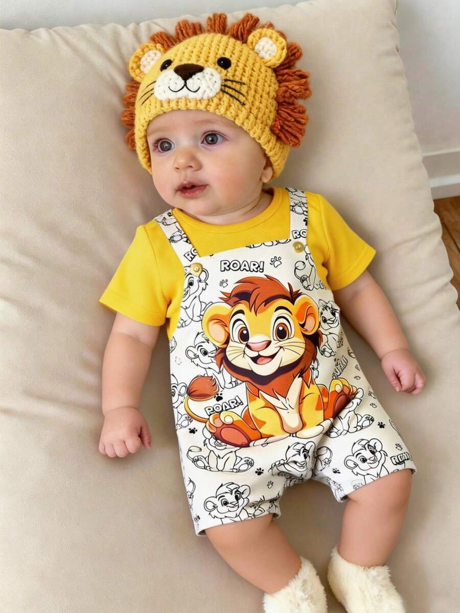 SHEIN Bộ áo liền quần tay ngắn in hình hoạt hình phối màu dễ thương cho bé trai/bé gái sơ sinh, thích hợp cho mùa hè. - Màu vàng - Xem 1
