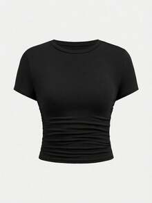 SHEIN Girlism Bộ đồ thường ngày cho bé gái tuổi teen: Áo cổ tròn nhún bèo màu xanh nhạt và quần ống loe nhún bèo ở eo. - màu đen - Xem 4