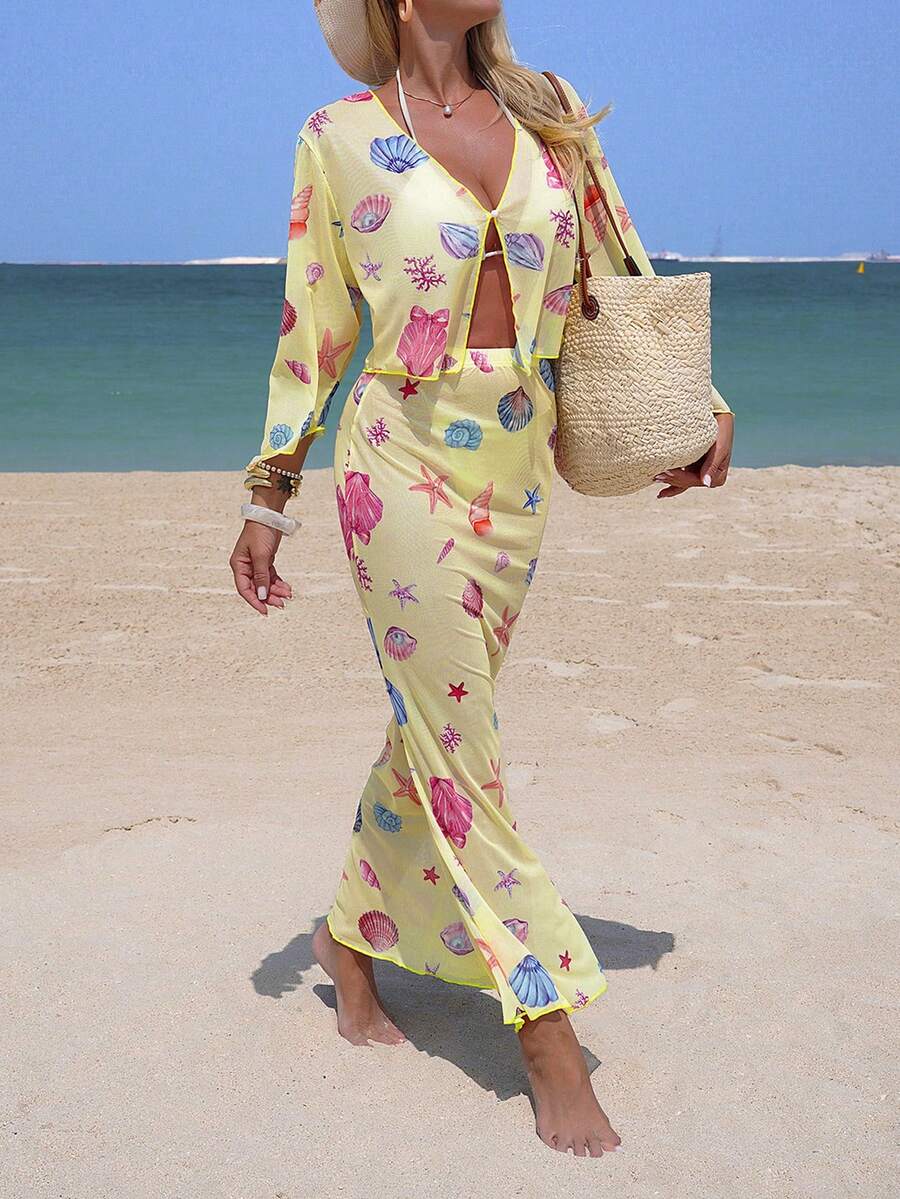 Swim Chiccia 两件套沙滩度假服，贝壳和海星数码印花罩衫和裙子套装，春夏款 - 彩色 - 查看 1