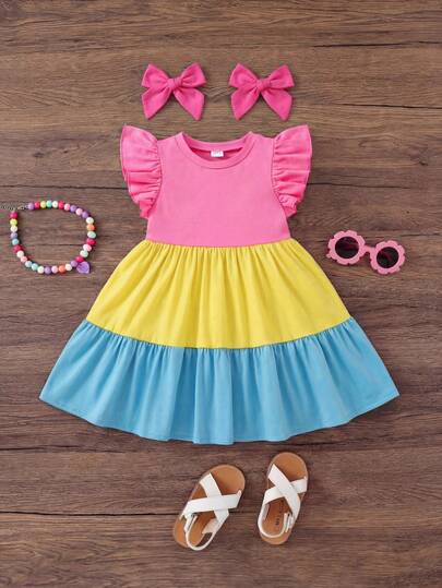 SHEIN Baby Girl Knitted Contrast Color Round Neck Ruffle Hem Snug Fit Dress