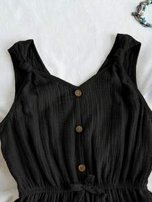 少女亚麻混纺宽松舒适连体裤，适合度假、海滩旅行 - 黑色 - 查看 3