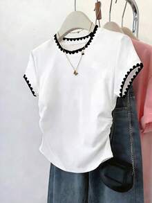 Resyla Set de 3 blusas de mujer de estilo casual para el verano, en negro/blanco/gris, con bordado de pata de gallo, ajuste ceñido, estilo deportivo, de vuelta al colegio, para el Día del Maestro, camisetas de mujer - Multicolor - Ver 7