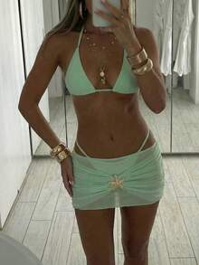 Aloruh 女士春夏新款纯色浅绿色泳装，绿色比基尼套装，优雅性感迷你三角罩杯比基尼搭配紧身迷你裙，海洋风金属扣装饰，女士度假装，女士沙滩装 - 薄荷綠 - 查看 11