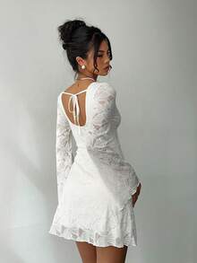 Aloruh Lukea Lace Long Sleeve Mini Dress Cream - Beige - View 3