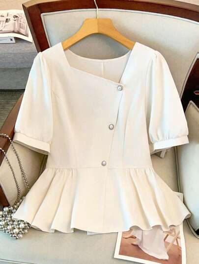 GlowEve CURVE 大码女式纯色方领泡泡袖珍珠纽扣装饰单排扣短款优雅衬衫，适合商务、休闲和通勤场合。
