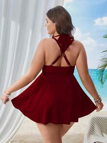 Swim Lushoire Vestido de traje de baño con escote halter y espalda cruzada en unicolor para tallas grandes - Burdeos - Ver 2