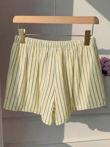 SHEIN EZwear Quần short ống rộng dệt sọc vàng dành cho nữ - Màu vàng - Xem 2