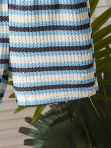 SHEIN 2pcs Young BoyTextured Stripe Knit Shirt And Shorts Set - Blue - View 6