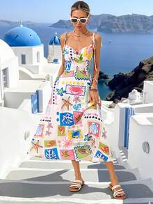 Vivid Eden 女士全印花扭结前襟休闲度假中长连衣裙，适合度假、度假风、假日和约会；夏季度假装扮、女士海滩度假装扮、毕业礼服、女士夏季服装、女士休闲连衣裙、Zanzea 女士连衣裙、女士裹身连衣裙 - 紫色 - 查看 4