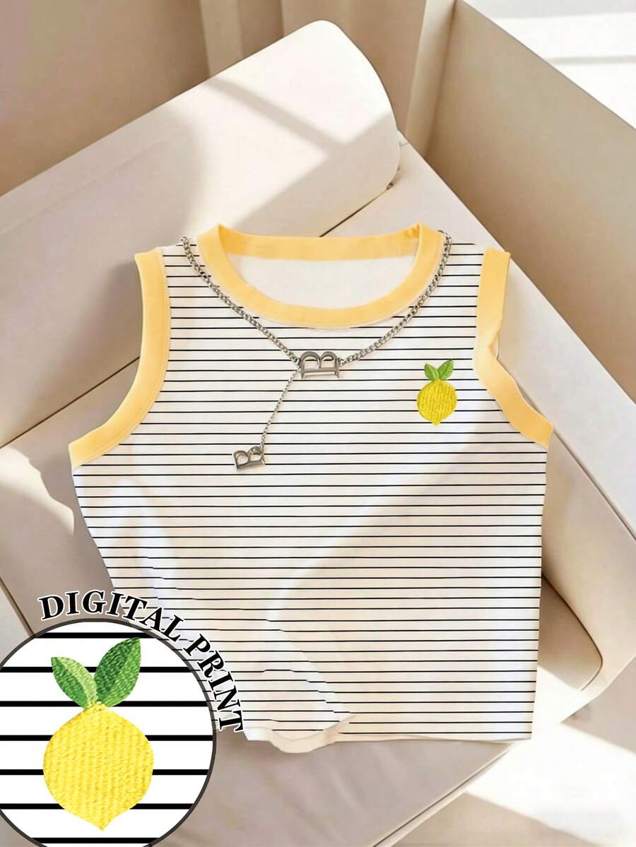 EMERY ROSE Women's Lemon Striped Yellow Border Collision Crew Neck Casual Versatile Tank Top - Multicolor - View 1