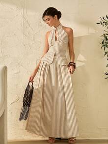 Bóhologie Women Two Pieces Outfits Linen Collection Vest And Skirt Suit Sets Fake Linen - Black and White - View 6