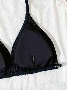 SHEIN Tween Girls Bikini Sets, Black Knit Fabric Triangle Halter Neck Swimsuit Two-Piece Suit, Fashionable Casual Elegant Suitable For Swimming, Beach, Holiday - Black - View 5