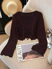 Franclia New Solid Color Hollow Crochet Lace Lightweight Cardigan, Versatile Outerwear For Women - Coffee Brown - View 2