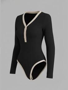 Airaco 女士V领撞色休闲连体衣，适合日常穿着 - 黑色 - 查看 4