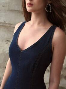 MOTF PREMIUM SLEEVELESS WAIST CINCHED MERMAID HEM DENIM DRESS, SPRING/SUMMER - Dark Wash - View 2