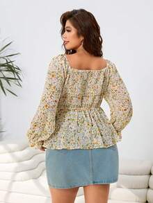 Solflare Plus Size Women's Vacation Ditsy Floral Front Tie Off Shoulder Long Sleeve Fashionable Blouse - Multicolor - View 2
