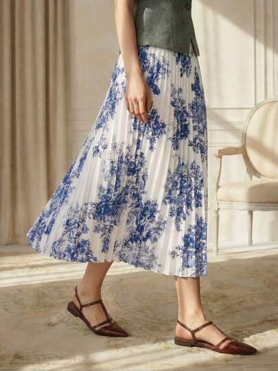 Suri Mira Summer Blue Printed Half Skirt New Spring/Summer Floral Folded Half Skirt Women's Half Skirt Women's Summer Wear Half Skirt Women's Beach Wear Half Skirt New Spring/Summer Hundred Fold Long Skirt Look Thin Women's Half Skirt