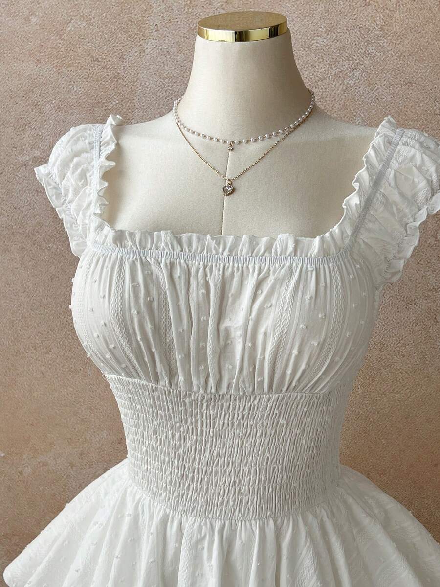 Elamini 春夏休闲度假方领收腰棉质白色连衣裙（女款） - 白色 - 查看 1