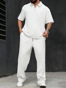 Manfinity Homme 加大码男士纯色短袖 Polo 衫和休闲裤套装 - 白色 - 查看 5