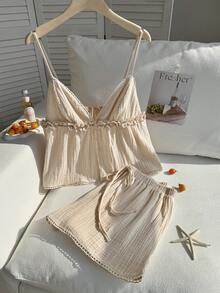 Comfortcana Conjunto informal de 2 piezas de color albaricoque, con camiseta de tirantes y pantalones cortos, talla grande, para verano - Albaricoque - Ver 1