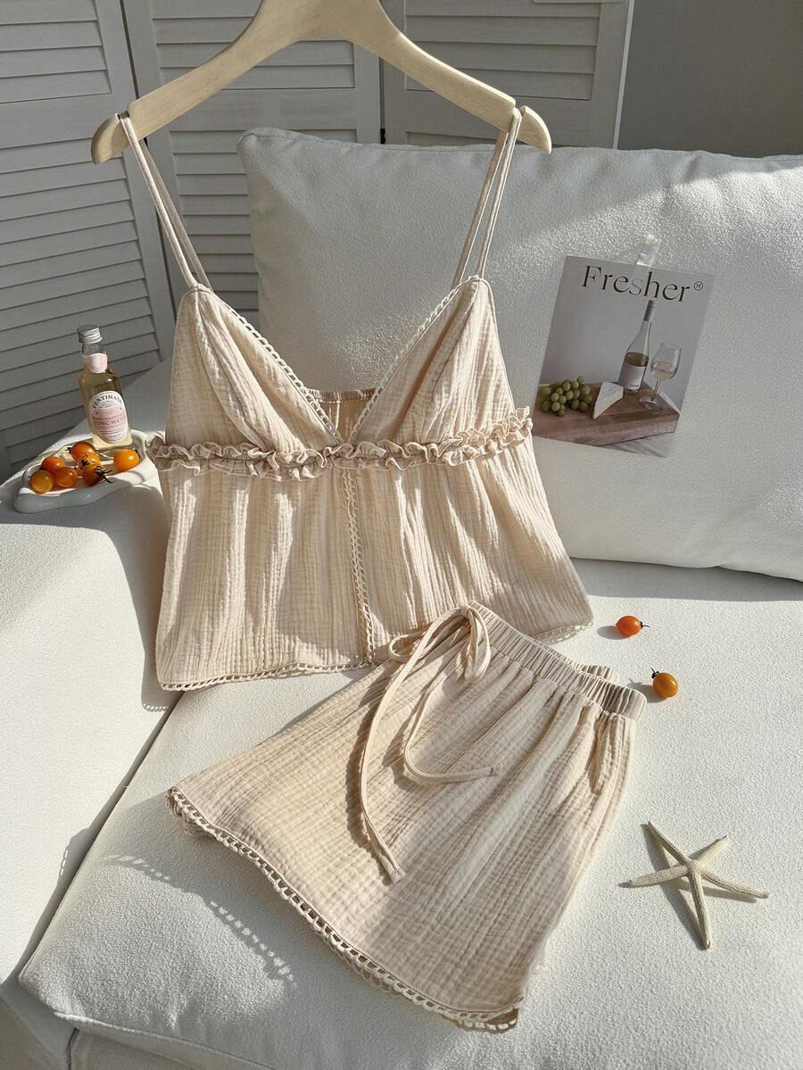 Comfortcana Conjunto informal de 2 piezas de color albaricoque, con camiseta de tirantes y pantalones cortos, talla grande, para verano - Albaricoque - Ver 1