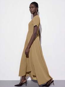 Aveloria Modichic 女士时尚V领收腰褶皱喇叭形纯色针织无袖连衣裙，优雅欧美风，适合春夏穿着 - 卡其色 - 查看 4