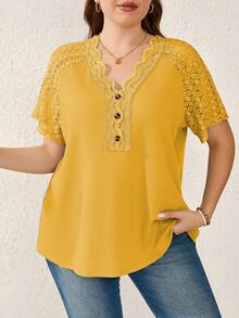 EMERY ROSE Plus Size Women's Mustard Yellow Summer Casual T-Shirt,Lace Patchwork V-Neck Short Sleeve Tops,Modest Vacation Holiday Outfits,Tea Party Blouses - Yellow - View 1