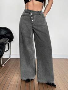 SHEIN PETITE جينز كاجوال فضفاض بتصميم مستقيم وجيوب للنساء القصيرات، لارتداء اليومي والتنقل، طراز Y2K الشارع، لون رمادي مغسول بالثلج - الأسود - مشاهدة 6