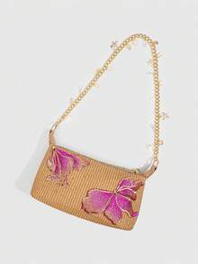 SHECARRY 1Pc Tropical Island Style Sequin Flower PU Shoulder Bag, Star & Shell Decor Beach Handbag For Summer Holiday Travel(The Small Pendants Are In A Separate Bag For DIY Use.) - Brown - View 3