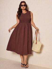 SHEIN Elaquor Plus Solid Sleeveless A-Line Dress Casual Midi Dress Midi Length Summer Dress, Summer Dresses - Coffee Brown - View 4