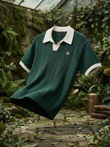 SUMWON Forest Short Sleeve Knit Polo Shirt With Contrast White Collar And Cuffs Preppy Vintage Style Academic Look - Dark Green - View 4