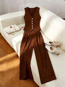 Airaco Bộ vest nữ thanh lịch hiện đại màu trơn gồm áo gile cổ chữ V cài một hàng khuy và quần ống rộng cạp cao, bộ đồ công sở trang nhã, bộ vest thường ngày. - màu nâu - Xem 1