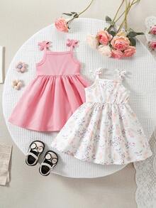 SHEIN Playful Pals 2件套女婴休闲百搭可爱卡通水彩兔子印花吊带连衣裙，适合情人节、复活节、节日、生日拍照、户外活动、居家休闲、度假、春夏穿着。 - 粉色 - 查看 2