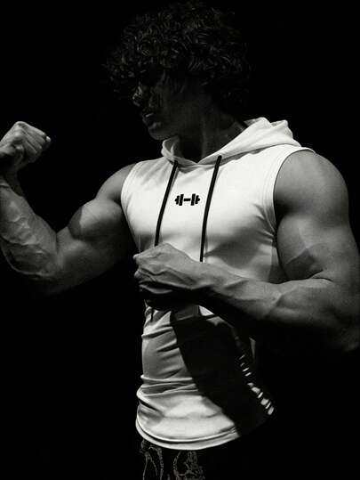 RISE LYT Men's Barbell Print Drawstring Waist Hooded Sports Tank Top