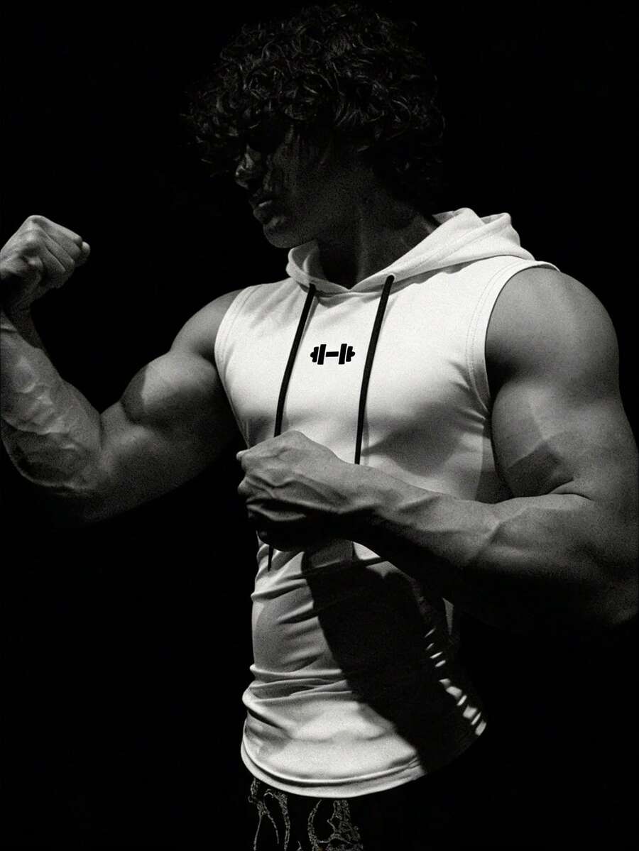 RISE LYT Men's Barbell Print Drawstring Waist Hooded Sports Tank Top - White - View 1