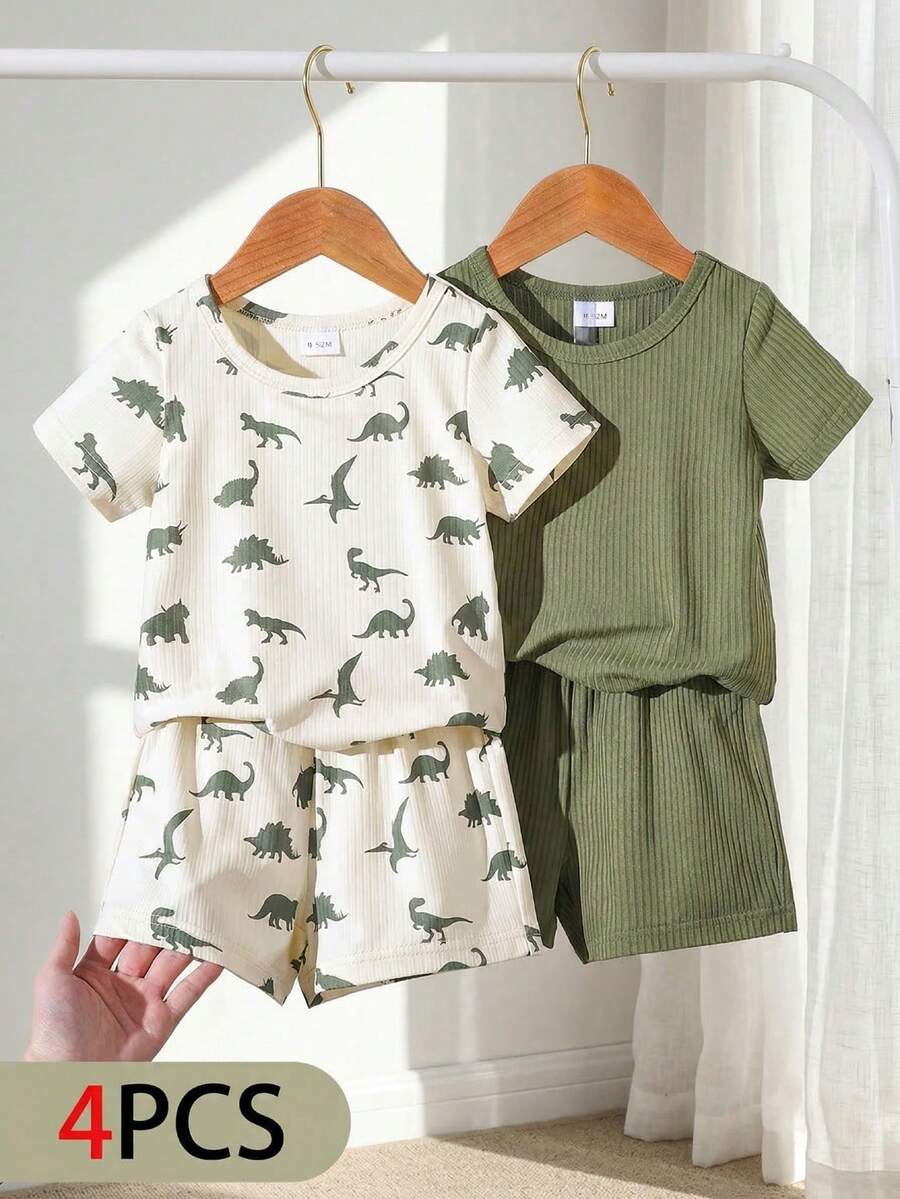 SHEIN Playful Pals 2件套婴儿幼儿男女通用0-3岁休闲可爱恐龙印花圆领T恤4件套，舒适易穿短袖夏季套装，适合6个月至3岁男婴，春夏服装，日常穿着，外出和居家皆宜。 - 彩色 - 查看 1