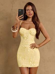 SHEIN BAE Đầm ngắn màu vàng họa tiết hoa, dây mảnh, lưng hở, thắt eo dành cho nữ, thích hợp làm đầm sinh nhật, đầm tốt nghiệp, đầm dự đám cưới, đầm vàng, đầm đi nghỉ mát, đầm thanh lịch. - Màu vàng - Xem 7