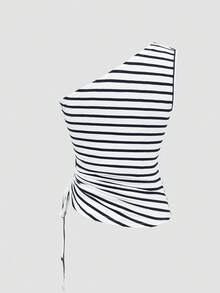 GlowEve Women's Striped Sleeveless Side Drawstring Casual Top - Black and White - View 3