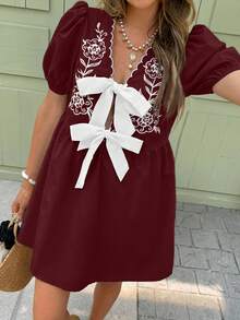 2026 Vestido mini de moda con estampado floral, mangas abullonadas cortas y nudo delantero para mujeres - Burdeos - Ver 7