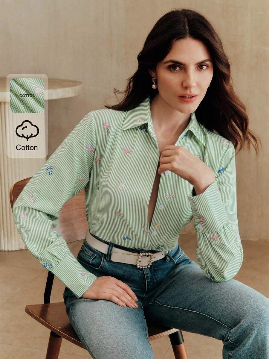 Anewsta Elegant Embroidered Design Green Striped Casual Blouse For Women, Suitable For Spring To Summer - Green - View 1