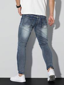 Manfinity LEGND 春夏休闲街头水洗蓝色修身破洞弹力牛仔裤 - 藍色 - 查看 5