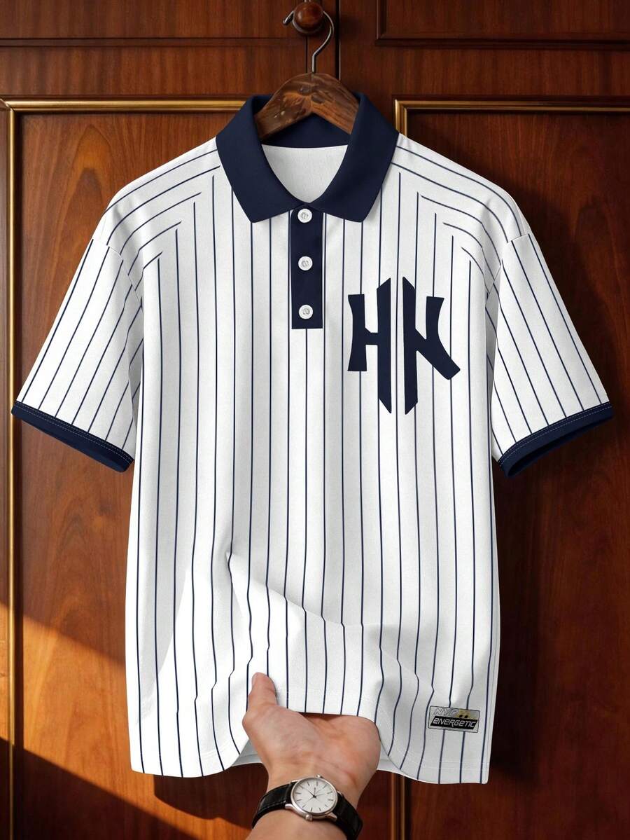 Aesthetic Post 复古美式NK字母条纹Polo衫 夏季撞色宽松休闲棒球短袖上衣