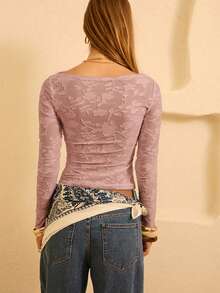 Aralina Camiseta de moda de manga larga con cuello de barco y recortes para mujer - Rosa vieja - Ver 2