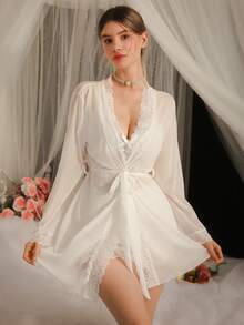 DelicateAllure 3pcs Lace Patchwork Sexy Sheer Mesh Robe Set, Women Sleepwear Pajama Set - White - View 3