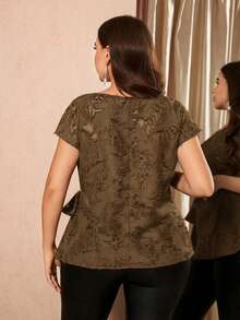 Reflora Plus Size Women Round Neck Batwing Short Sleeve Side Tie Blouse - Brown - View 2